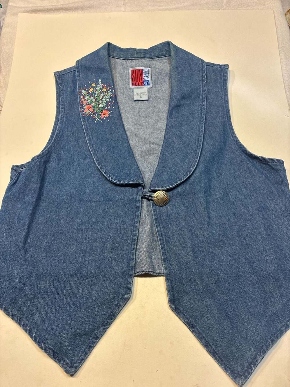 Sunbelt Vintage Denim Vest with Floral Embroidery and Concho Button